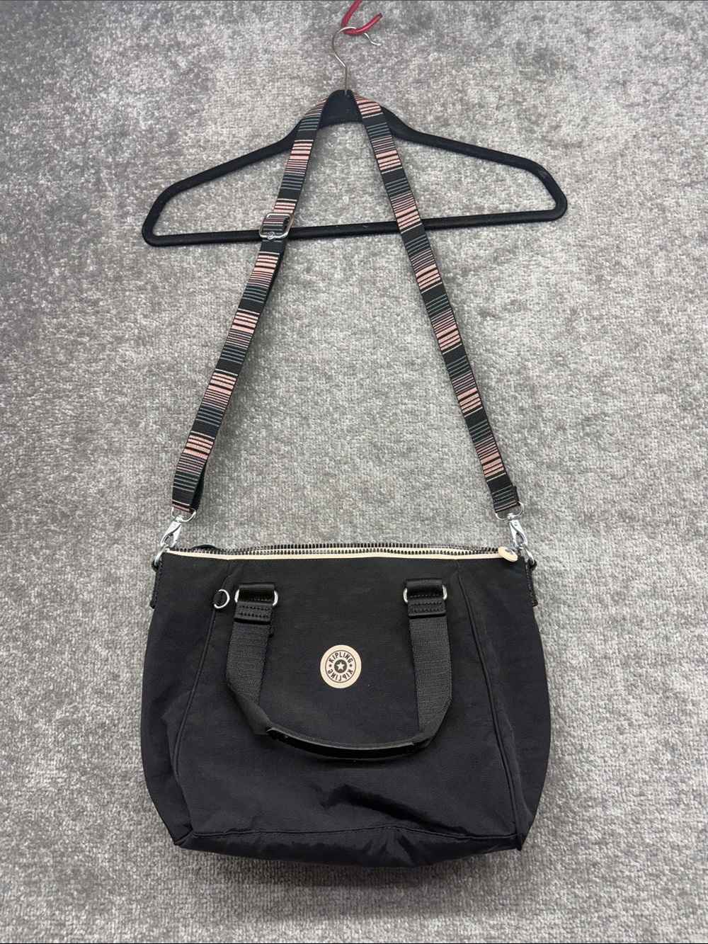 Kipling Black Nylon Satchel Crossbody Bag Double Handle Striped Strap Purse